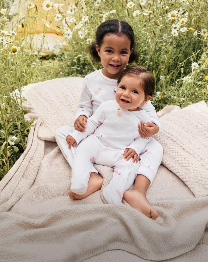two children sitting on a blanket in a field of flowers